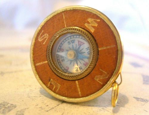 Vintage Pocket Watch Chain Compass Fob 1950s Tan Leather & Gilt Drum Case Fob FWO (1 of 9)