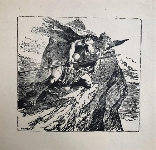 Original woodblock print of a warrior looking down from a rock. By Henry Anelay 1817-1883. The work is signed. (1 of 1) Original woodblock print of a warrior looking down from a rock. By Henry Anelay 1817-1883. The work is signed. (1 of 1)