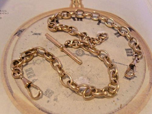 Victorian 1890s Pocket Watch Chain Antique 12ct Rose Gold Filled Large Double Albert With T Bar (1 of 10)