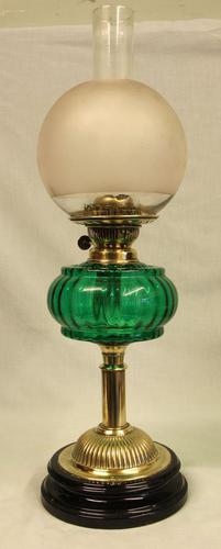 Antique Victorian Green Glass Oil Lamp & Shade (1 of 7)