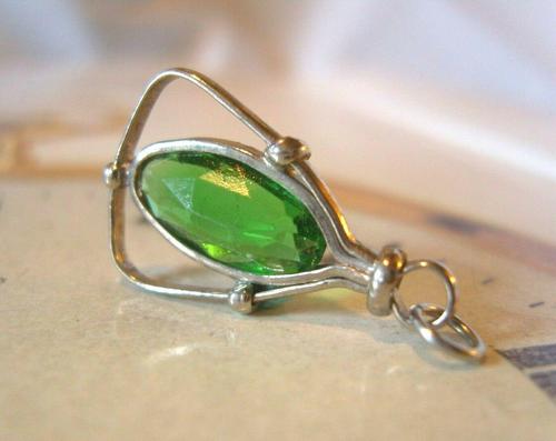 Antique Pocket Watch Chain Fob 1900 Art Nouveau Silver Chrome & Vivid Green Glass Fob (1 of 8)