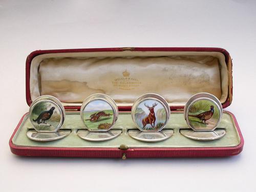 Cased Set of 4 Edwardian Silver & Enamel English Game Menu Holders by Sampson Mordan, Chester, 1904 (1 of 15)