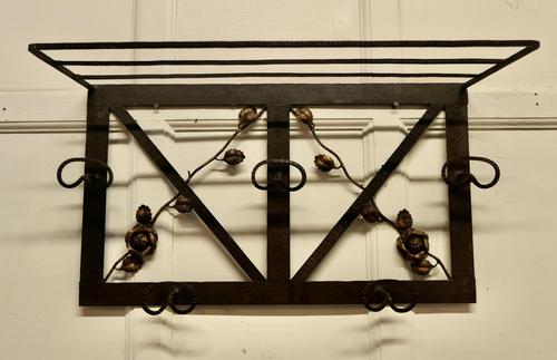 French Art Deco Iron Hat and Coat Rack with Shelf Decorated with Roses (1 of 6) French Art Deco Iron Hat and Coat Rack with Shelf Decorated with Roses (1 of 6)