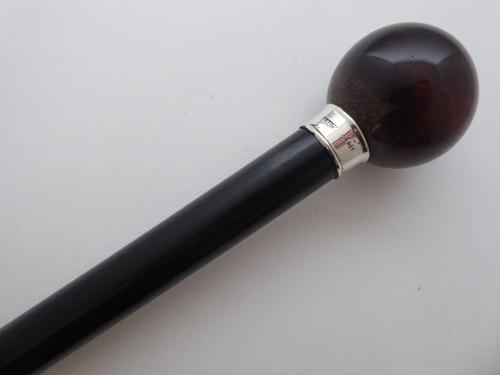 Walking Stick Cane 1907 Hallmarked Silver Collar Ebony Shaft Red Tigers Eye Top (1 of 8)