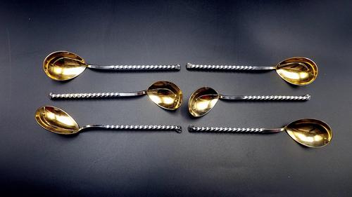 6 x Vintage Russian Silver Gilt Barley Twist Caviar Spoons c.1952 (1 of 6) 6 x Vintage Russian Silver Gilt Barley Twist Caviar Spoons c.1952 (1 of 6)