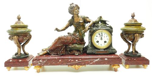 Wonderful French Figural Mantel Clock Lady Reclining 8 Day Mantle Clock with side Urns (1 of 12)