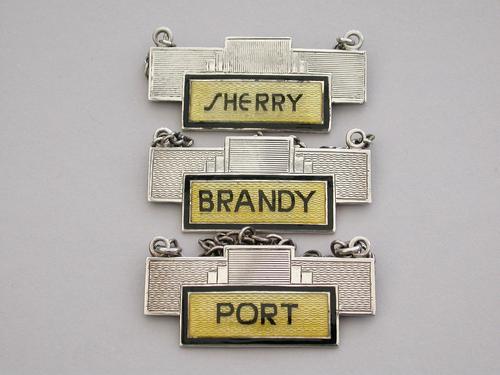 Set of 3 Art Deco Silver & Enamel Wine Labels 'Port, Brandy & Sherry' by Turner & Simpson, Birmingham, 1933 & 1935 (1 of 11) Set of 3 Art Deco Silver & Enamel Wine Labels 'Port, Brandy & Sherry' by Turner & Simpson, Birmingham, 1933 & 1935 (1 of 11)