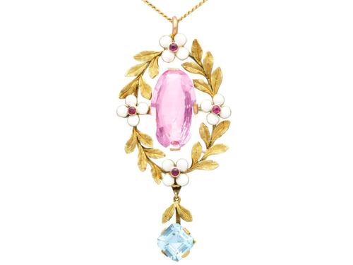 8.84ct Pink Topaz, 1.80ct Aquamarine, 0.10ct Ruby & Enamel, 15ct Yellow Gold Pendant - Antique c.1910 (1 of 9) 8.84ct Pink Topaz, 1.80ct Aquamarine, 0.10ct Ruby & Enamel, 15ct Yellow Gold Pendant - Antique c.1910 (1 of 9)