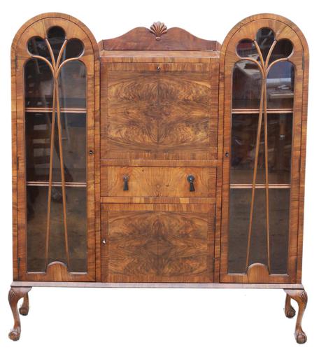 Walnut Art Deco Bureau Desk Writing Table Bookcase Cupboard c.1920 (1 of 8)