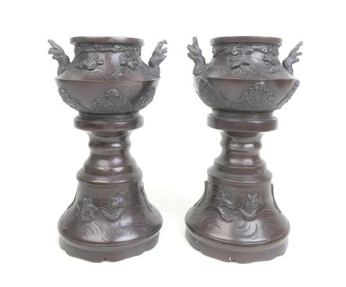 Pair of Early 20th Century Japanese Twin Handled Bronzed Vases (1 of 3)