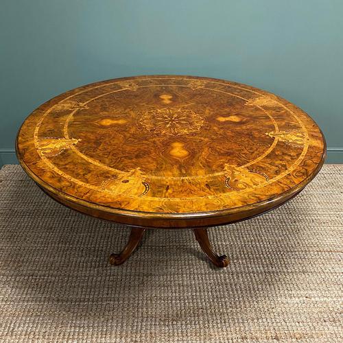 Large Figured Walnut Circular Antique Dining Table (1 of 8)