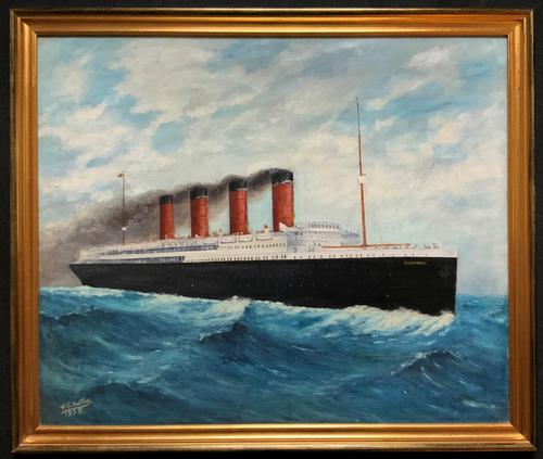 Huge Stunning Antique Seascape Oil Painting of Cunard's RMS Lusitania Ship c.1918 (1 of 16)