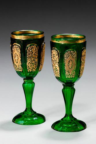 Pair of Bohemian Dark Green Glass Goblets (1 of 3) Pair of Bohemian Dark Green Glass Goblets (1 of 3)