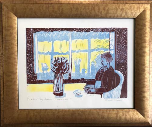 Original linocut 'reader by drawn curtains. Artist's Proof' by Elaine Nason c 1985 (1 of 1) Original linocut 'reader by drawn curtains. Artist's Proof' by Elaine Nason c 1985 (1 of 1)