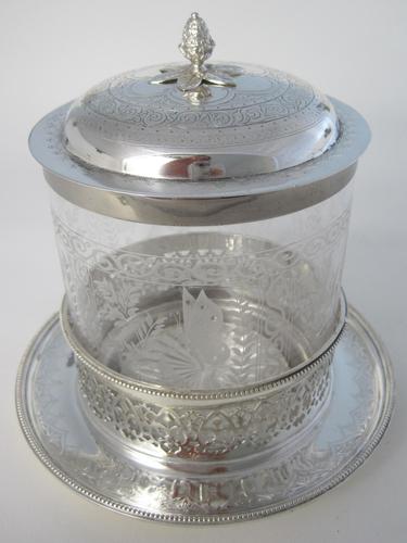 Victorian Engraved Glass & Silver Plated Circular Biscuit Barrel (1 of 8)