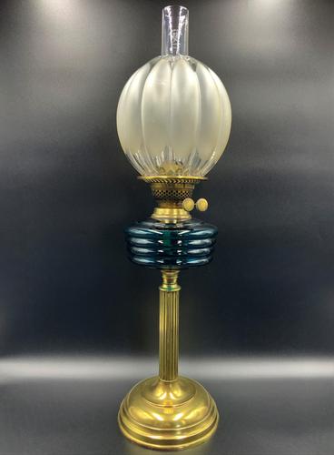 Lovely Tall 19thc Twin Burning Royal Blue Glass & Brass Table Oil Lamp (1 of 11)