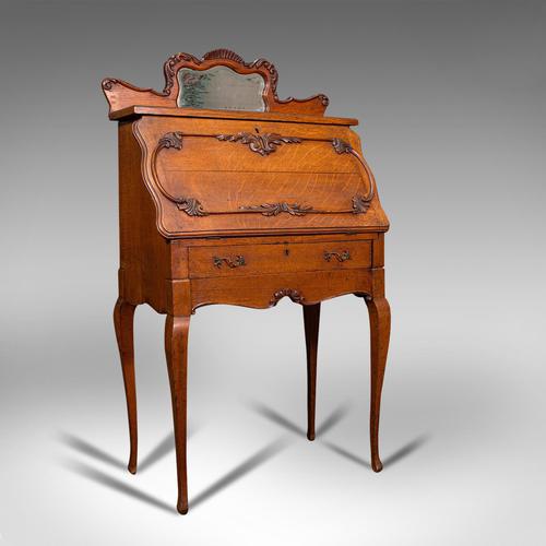 Small Antique Ladies Writing Desk, French, Oak, Bureau, Mirror, Victorian c.1900 (1 of 12)