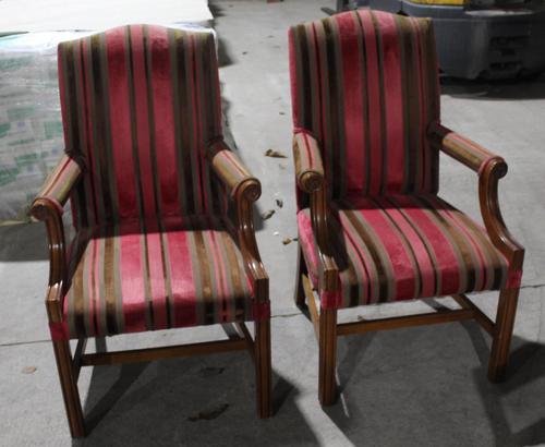 1900s Pair of Mahogany Club Armchairs with Red Stripe Seats (1 of 3)