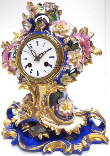 Antique 8 Day Porcelain Mantel Clock Sevres Blue Floral French Mantle Clock (1 of 6)