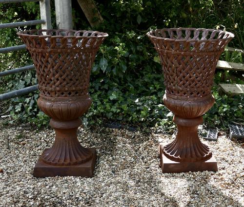Unusual Pair of Lattice Work Cast Iron Garden Urns (1 of 7) Unusual Pair of Lattice Work Cast Iron Garden Urns (1 of 7)