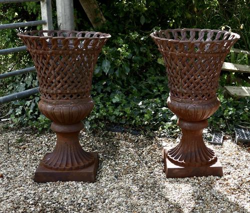 Unusual Pair of Lattice Work Cast Iron Garden Urns (1 of 7)