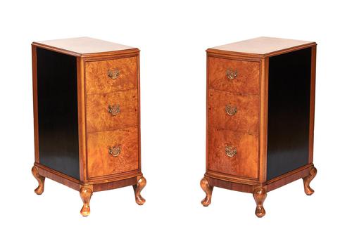 Pair of Burr Walnut & Ebonised 3 Drawer Bedside Chests c.1930 (1 of 4)