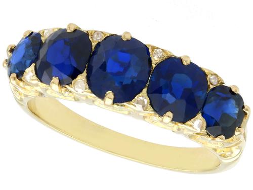 3.15 ct Basaltic Sapphire and Diamond, 15 ct Yellow Gold Five Stone Ring - Antique c.1910 (1 of 9) 3.15 ct Basaltic Sapphire and Diamond, 15 ct Yellow Gold Five Stone Ring - Antique c.1910 (1 of 9)