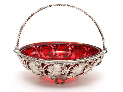 Victorian Silver Plated Basket with the Original Cranberry Glass Liner (1 of 6)