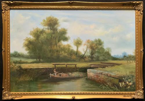 Superb Large Vintage Gilt-Framed Landscape Oil Painting of Barge on the Canal (1 of 13) Superb Large Vintage Gilt-Framed Landscape Oil Painting of Barge on the Canal (1 of 13)