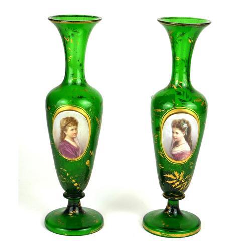 Pair of Mid 19th Century Bohemian Green Overlay Baluster Vases (1 of 3)