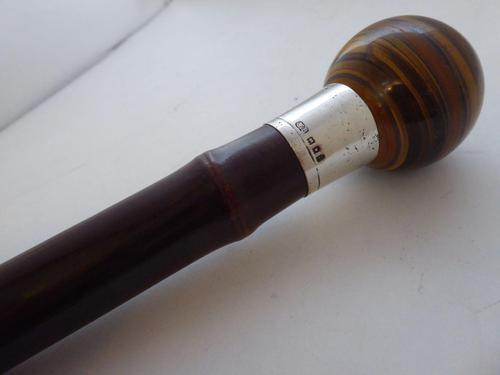 Walking Stick Cane 1918 Hallmarked Solid Silver Pommel Bamboo Shaft Tigers Eye (1 of 11)