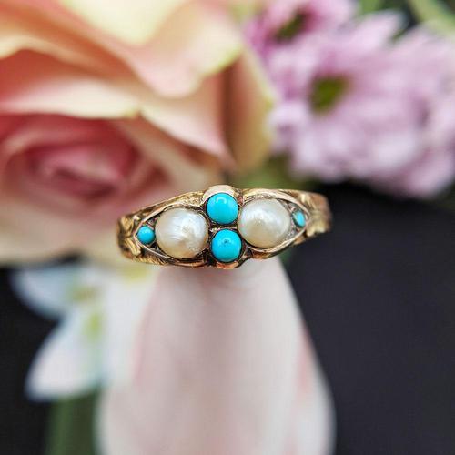 Antique Victorian 15ct Gold Turquoise & Pearl Ring (1 of 9)