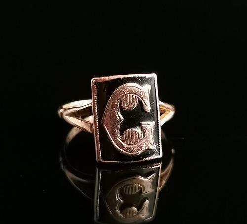 Antique Victorian Mourning Ring, Initial C, 9ct Rose Gold (1 of 10)