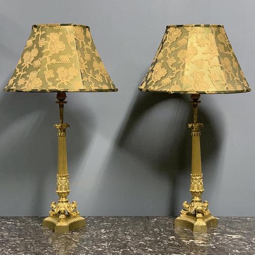 Pair of Regency style gilt bronze lamps with shades (1 of 6)