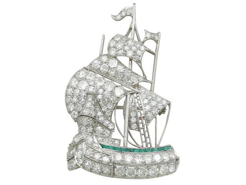 2.65ct Diamond & 0.28ct Emerald, Platinum Ship Brooch - Antique c.1910 (1 of 10) 2.65ct Diamond & 0.28ct Emerald, Platinum Ship Brooch - Antique c.1910 (1 of 10)