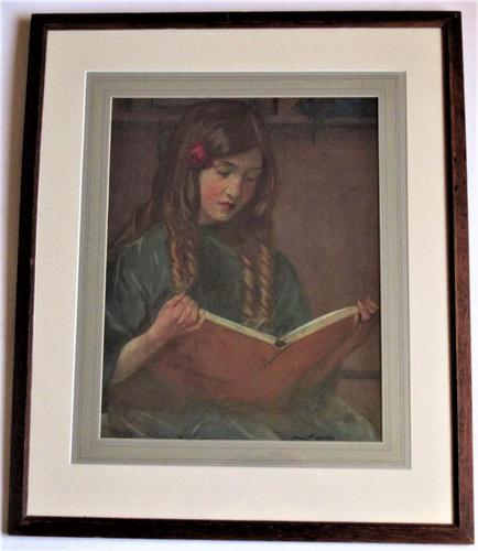 Christine McGregor, Girl Reading, pastel on board, c1918, signed, period frame (1 of 9)