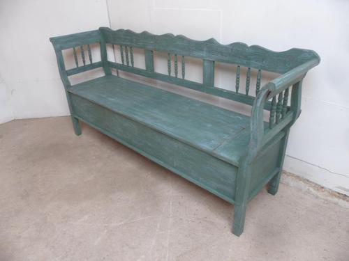 Lovely Green & Blue 3 Seater Antique Pine Kitchen / Hall Box Settle / Bench (1 of 10)