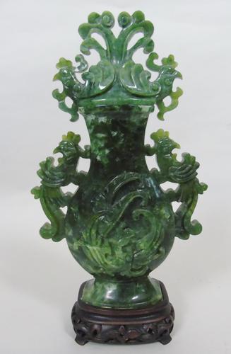 Large Early 20th Century Chinese Spinach Jade Urn & Cover (1 of 6)