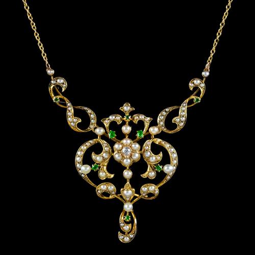 Antique Edwardian Pearl Diamond Green Garnet Lavaliere Necklace 15ct Gold c.1905 (1 of 8) Antique Edwardian Pearl Diamond Green Garnet Lavaliere Necklace 15ct Gold c.1905 (1 of 8)