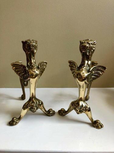 Pair of Vintage Brass Fire Dogs Winged Lions (1 of 10) Pair of Vintage Brass Fire Dogs Winged Lions (1 of 10)