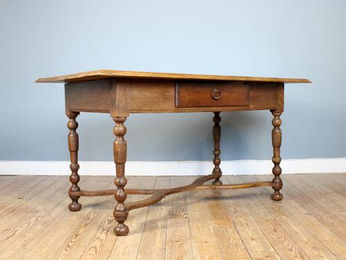 19th Century Single-Drawer Serpentine Stretcher Dining Table (1 of 8)