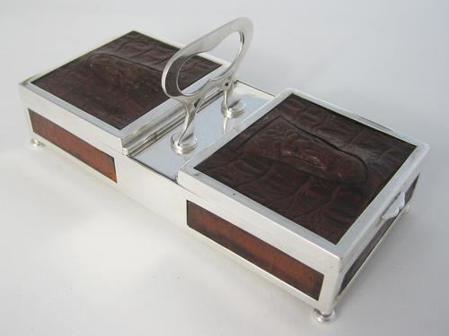 Double Ended Silver Plated Box with Panels of Crocodile Style Leather (1 of 6) Double Ended Silver Plated Box with Panels of Crocodile Style Leather (1 of 6)