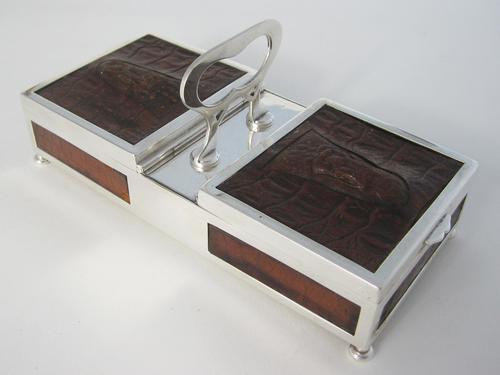 Double Ended Silver Plated Box with Panels of Crocodile Style Leather (1 of 6)