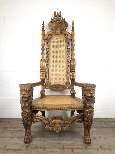 Large Carved Wooden Lion Throne Chair (1 of 10)