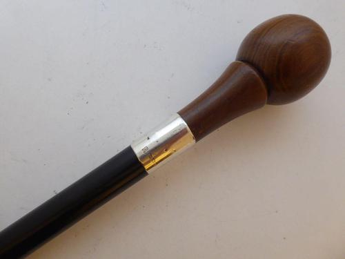 Walking Stick Cane 1939 Hallmarked Silver Collar Ebony Shaft Cherry Wood Pommel (1 of 11)