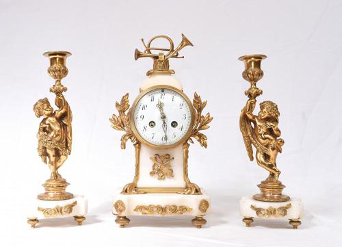 Antique Clock Set French Garniture Gilt & Marble Cherubs (1 of 14)