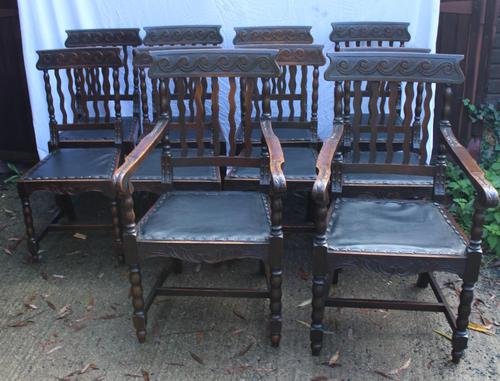 1910's Dark Oak Set of 10 Carved Dining Chairs with Pop out Seats. 8+2 Carvers (1 of 5)