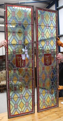 1880's Pair of Long Narrow Stained Glass Panels (1 of 2)