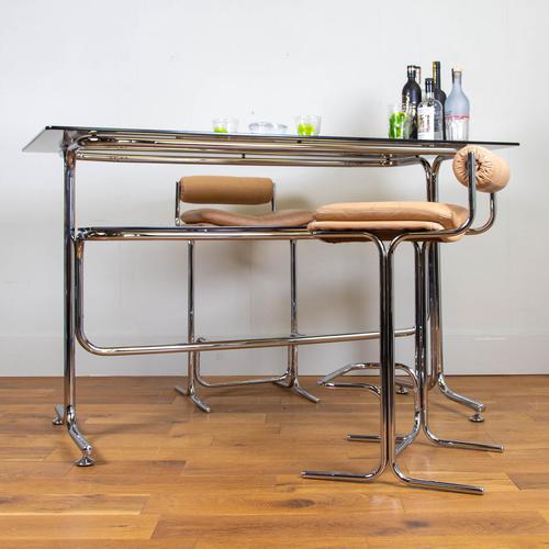 Rare Chrome & Smoked Glass Pieff Eleganza Breakfast Bar & 2 Stools (1 of 15)