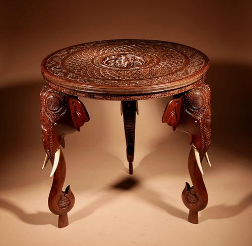 Anglo Indian Fine Carved Hardwood Round Side Elephant Table. 19th Century (1 of 12)